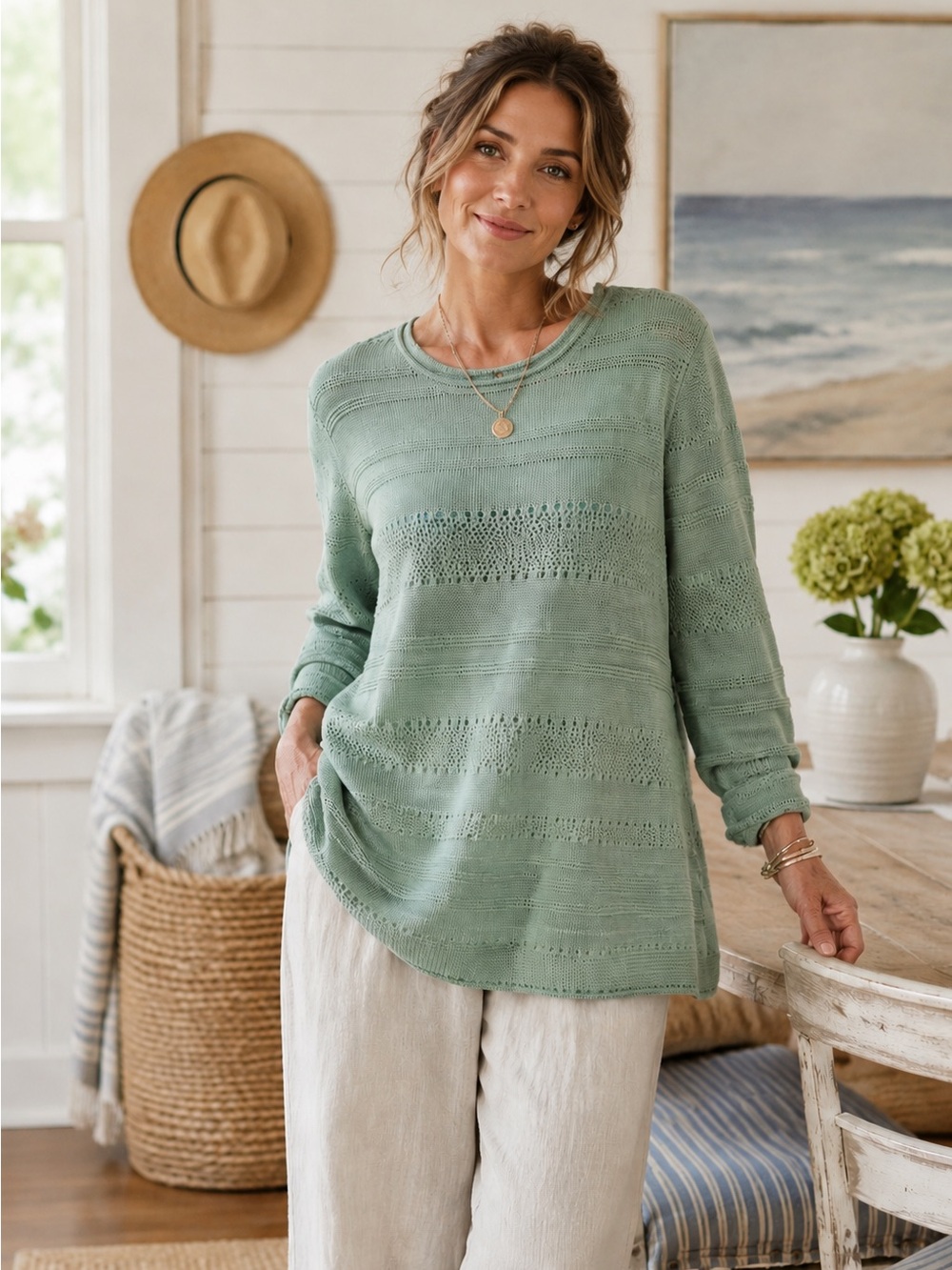 Gudrun Sjoden Edna Green Textured Knit Sweater Lagenlook Artisan 100% Cotton L